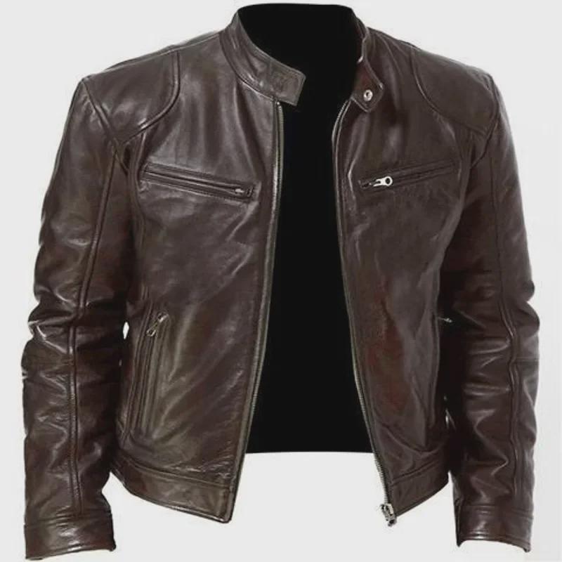 2023 Men's Slim Stand Collar Leather Jacket with Zipper Pocket