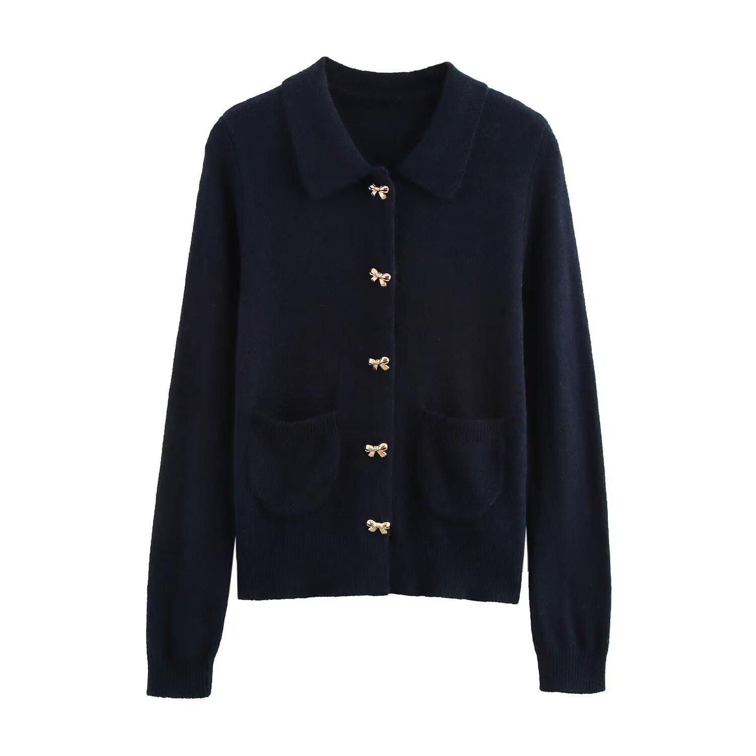 

2024 Зимний женский европейский и американский кардиган на одной пуговице с бантом и длинным рукавом M темно-синий