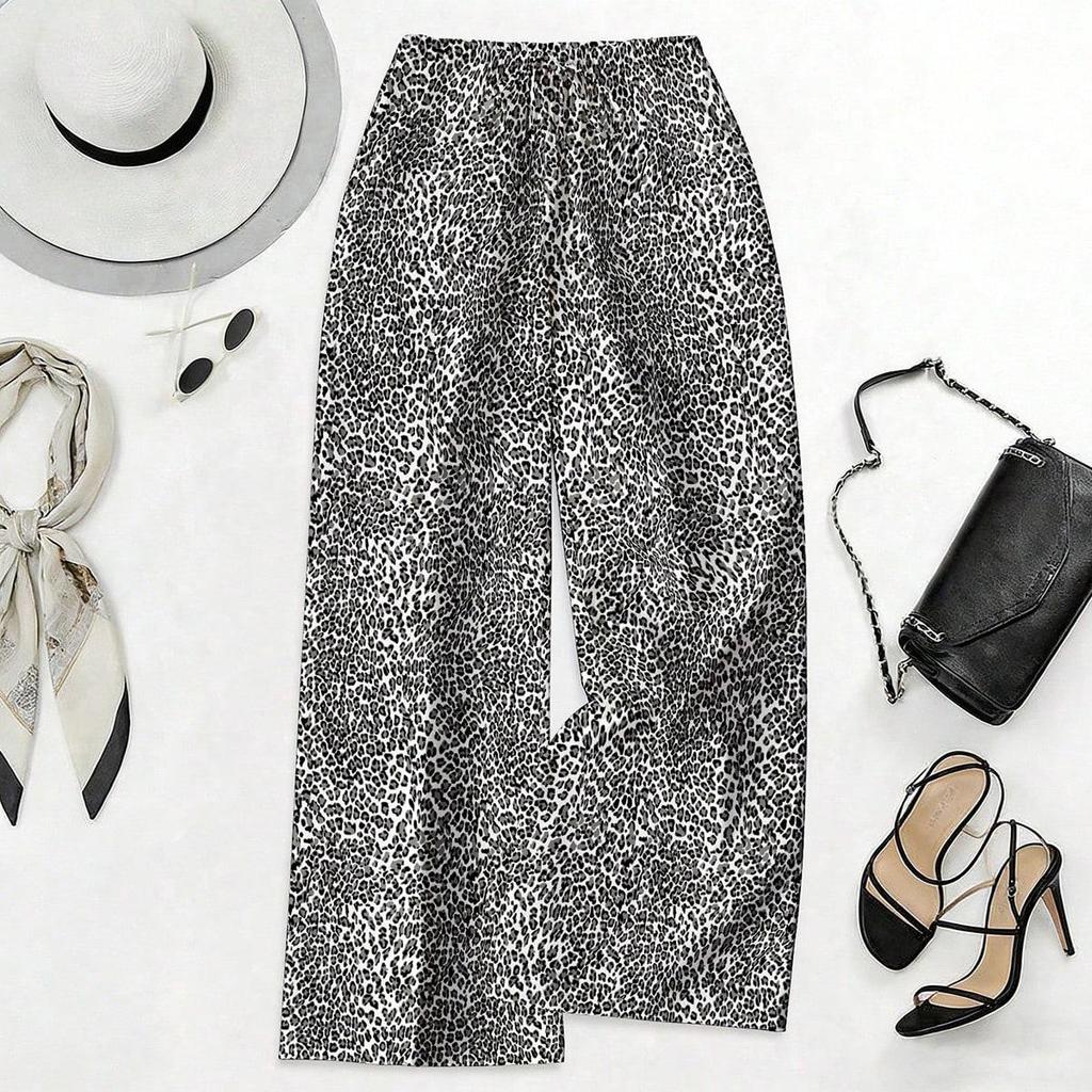 Women's Plus Size High Waist Leopard Print Wide Leg Pants - Summer Casual European American Style