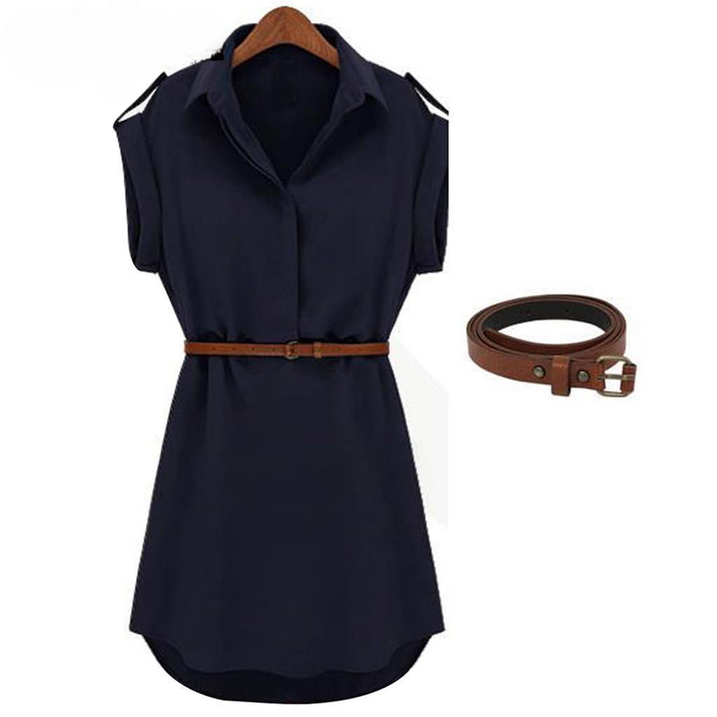 Women Fashion Casual Summer Loose Short Sleeve Belt Dress