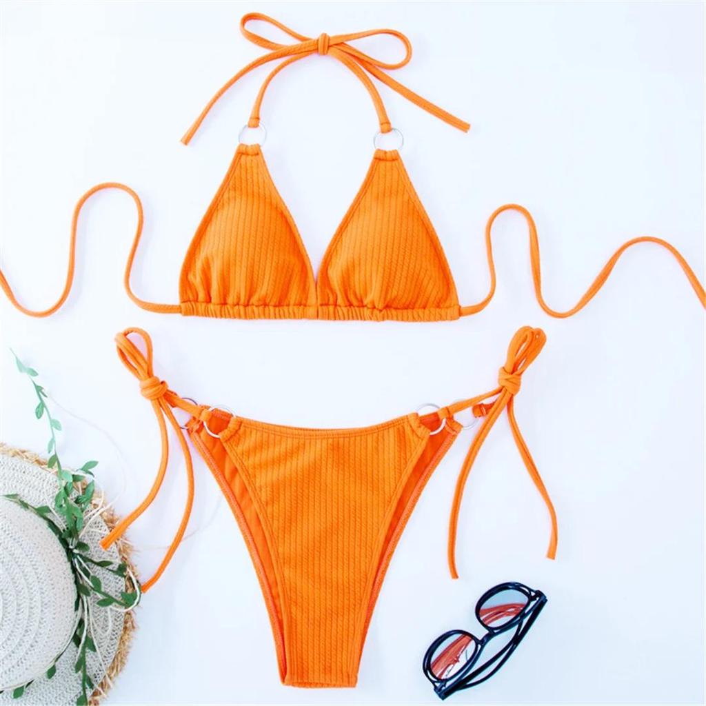 8 Colors Sexy Halter Strappy Ribbed Bikini Women Swimwear Female Swimsuit Two-pieces Bikini set Bather Bathing Suit Swim