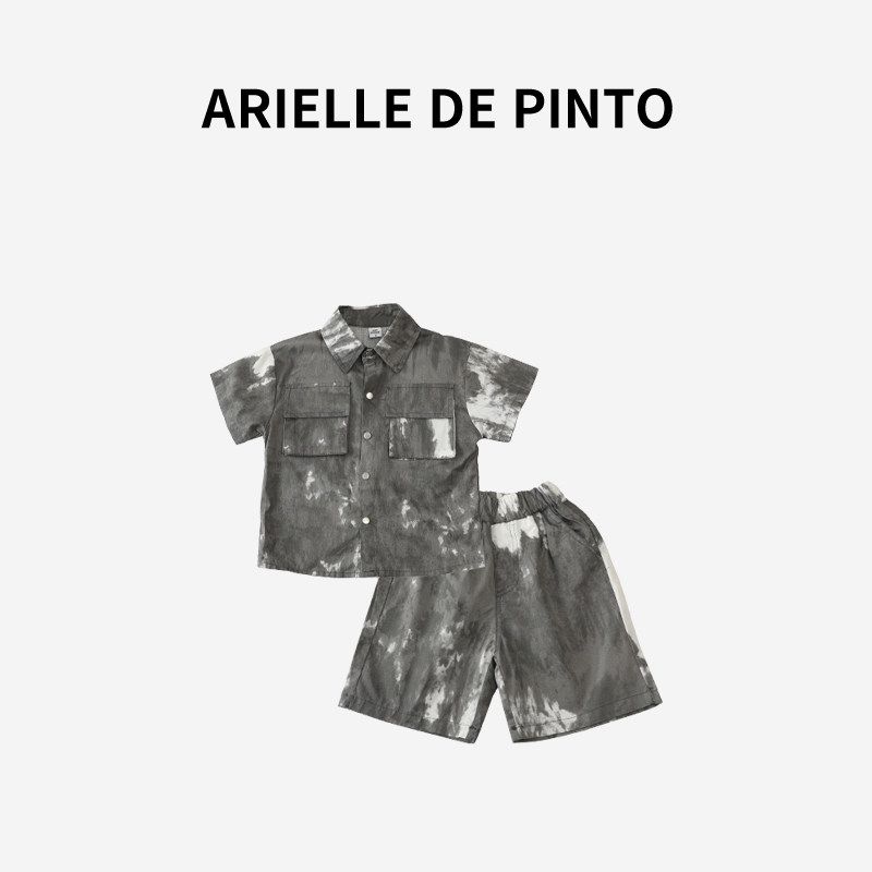 French Arielle De Pinto Boys  Summer Fashionable Tie-Dye Cotton Short-Sleeved Two-Piece Set Gray 140