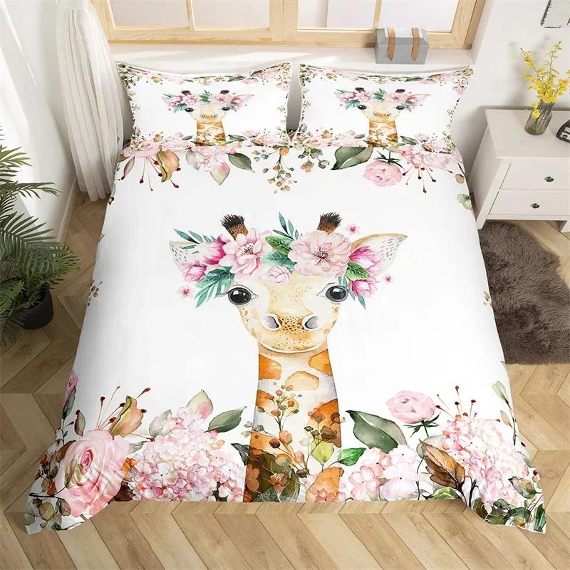 Cute Baby Elephant Flowers Duvet Cover Set Cartoon Animals Bedding 3pcs Set Giraffe Quilt Cover Single Twin for Girls Boys Gift