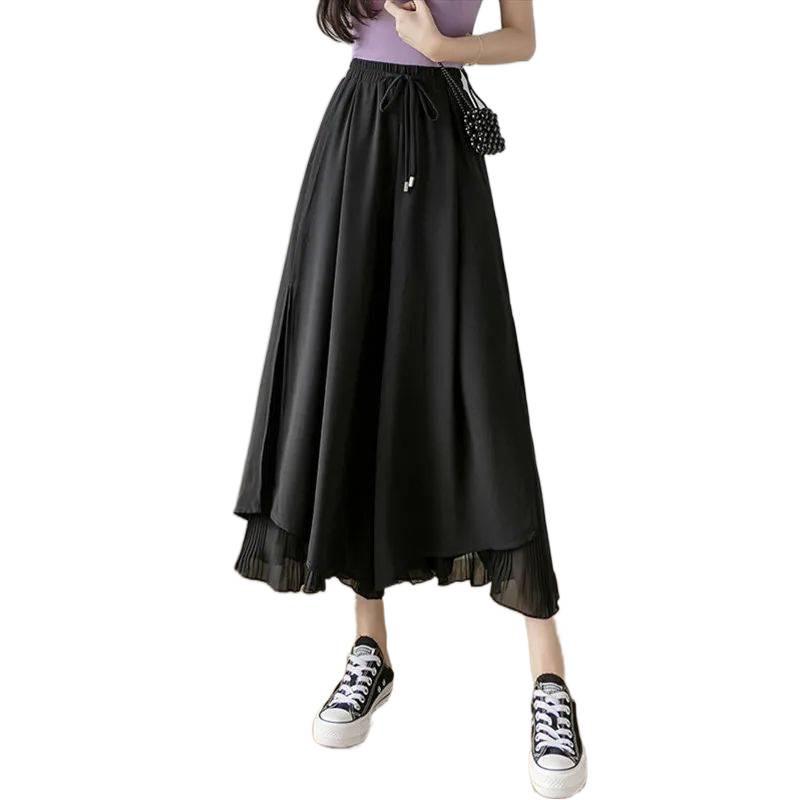 Chiffon High-Waisted Black Wide-Leg Cropped Pants for Women - Korean Style, Loose Fit, Slimming.