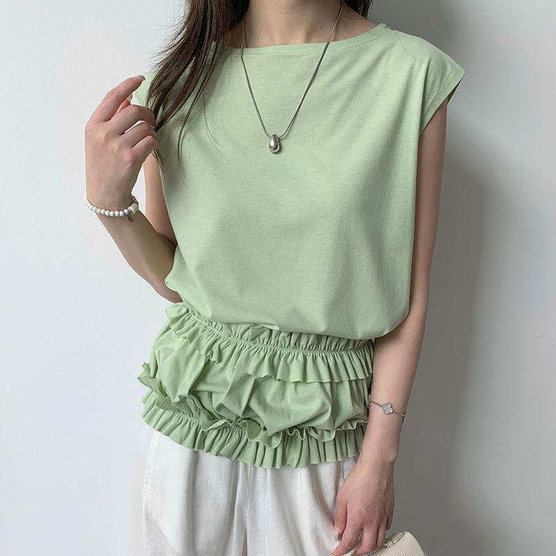 Cross-Border Japanese and Korean New Arrival Fruit Green Stripes Round Neck Ruffles Tight Wrapped Chest Belt Two-Way Sleeveless T-shirt for Women