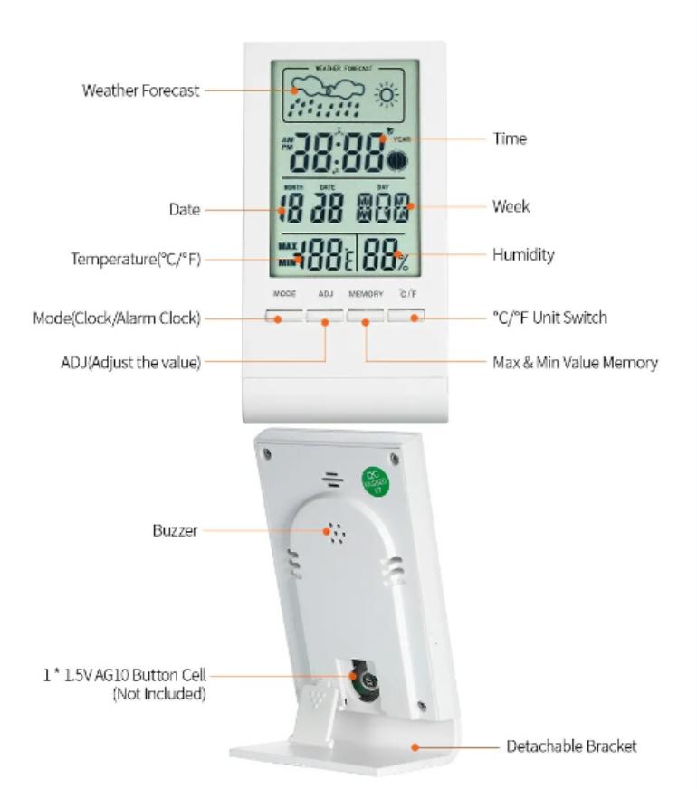 Mini Digital Thermometer Hygrometer Indoor Temperature Humidity Meter Gauge Clock Weather Station Forecast Max Min Value Display