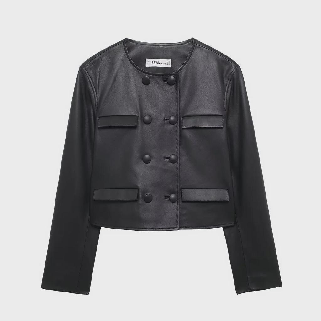 Women's Black PU Leather Jacket & Skirt Set - Spring Collection