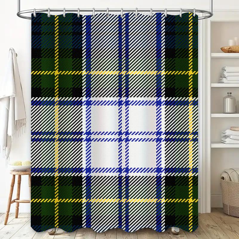 Green Plaid Shower Curtain Waterproof Bathroom Decor Blue Yellow Striped Home Decorative Polyester Fabric Modern Bath Mat