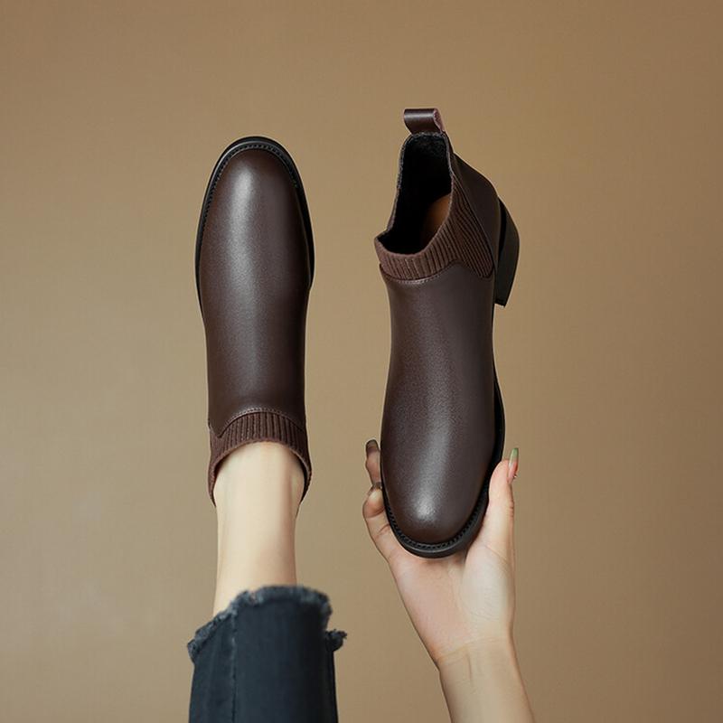 Fashion NEW Autumn Women Boots Round Toe Chunky Heel Shoes Split Leather Shoes for Women Casual Slip-on Ankle Boots Black Handmade Boots