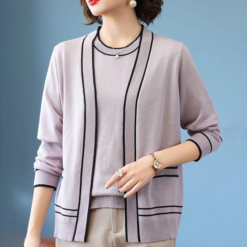 Spring  Autumn Women's Knit Top Two-Piece Set Color-Block Knit Cardigan Knit Short-Sleeve T-Shirt Two-Piece Set