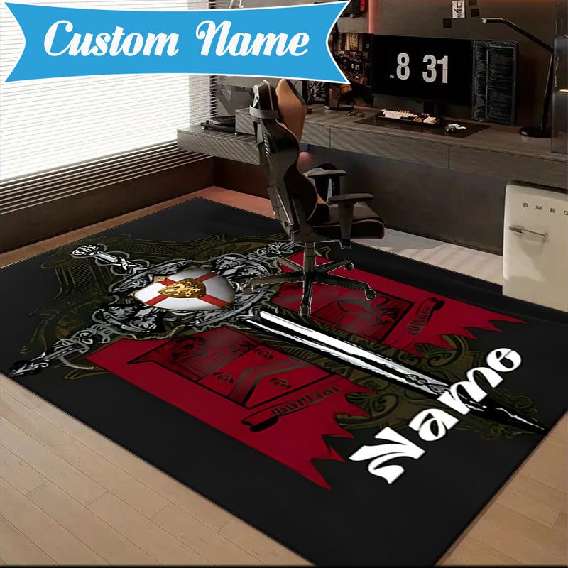Custom Name Knightly Crest Shield Sword Rug Game Carpet, Floor Mat for Bedroom Living Room Entryway Rug, Home Decor Idea Gift for Christmas birthday