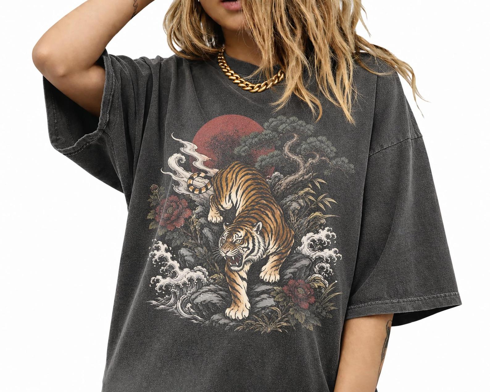 Japanese Tiger Graphic Tee, Vintage Floral Nature Animal Shirt, Streetwear T-Shirt 2XL