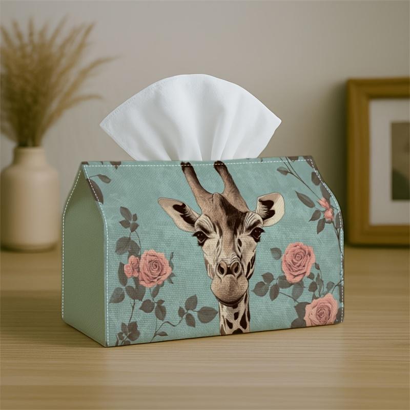 1pc Vintage Aesthetic Nature Animal Tissue Box with Giraffe Head Pink Rose Teal Beige- Napkin Storage Organizer for Kitchen,Car,Elegant Decorative Box