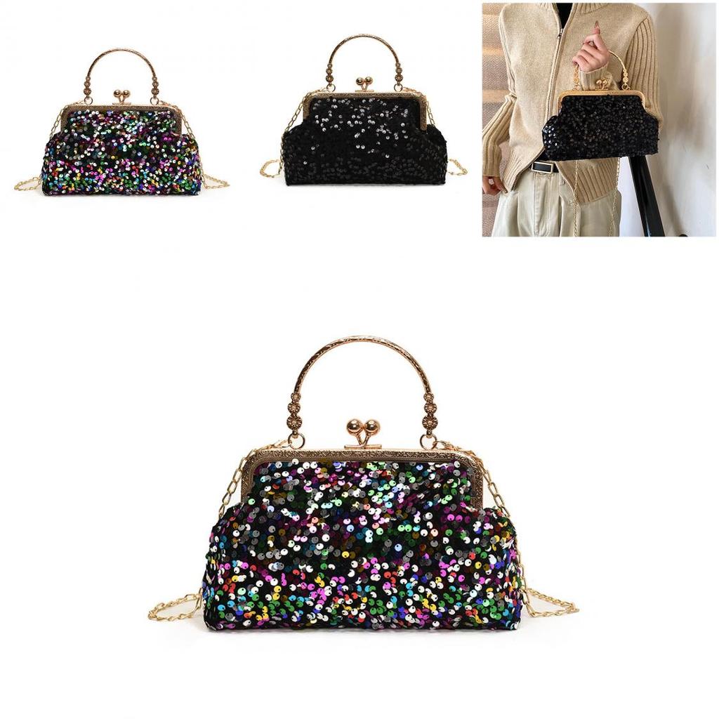 Sequin Evening Bag For Women With Chain Strap And Lock Closure For Party And Night Out