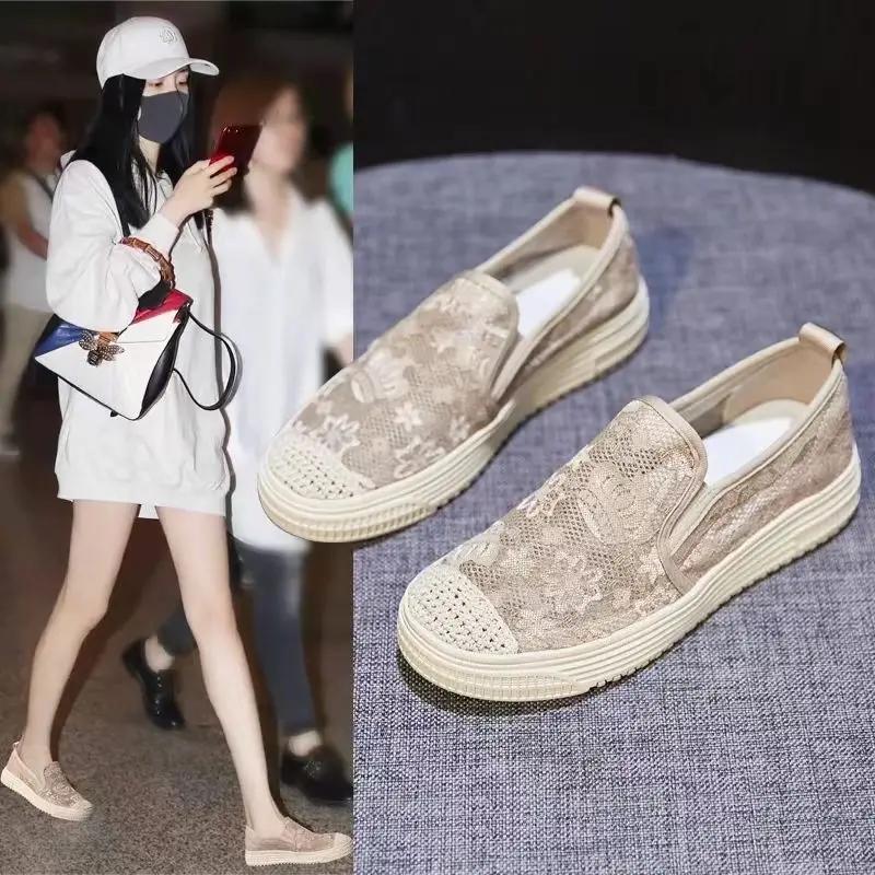 Fashion Flat Sneakers Athletic Women Footwear Mesh Breathable Canvas Low Black Ladies Shoes Sports Cotton Designer Sale 39 Korean A Shoe