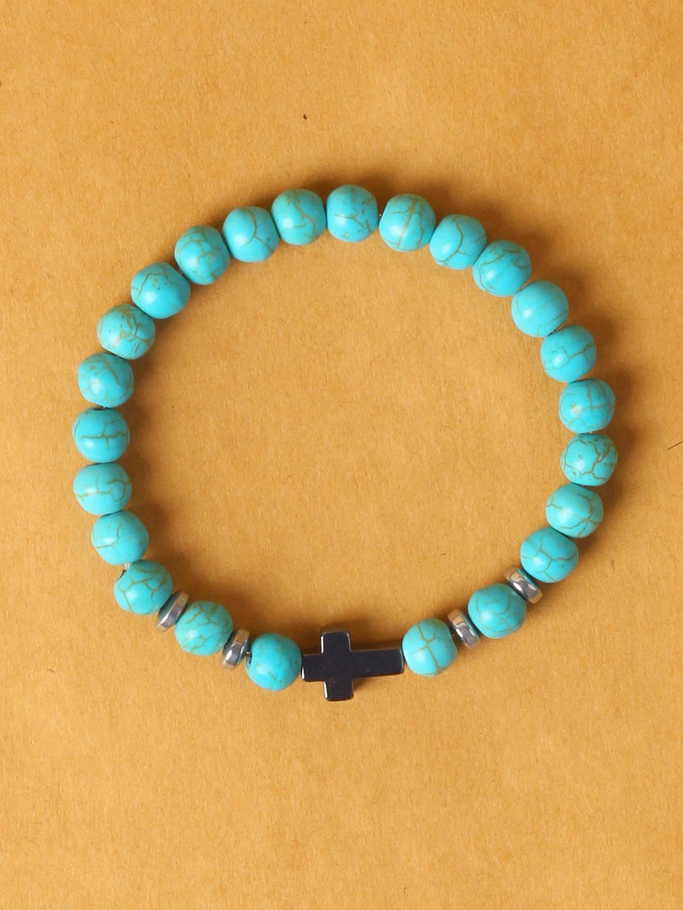 

Natural Tiger Eye Turquoise Stone Men Bracelet White Pine Black Labradorite Hematite Cross Beaded Women Bracelet Yoga Jewelry 17cm-6.69inch
