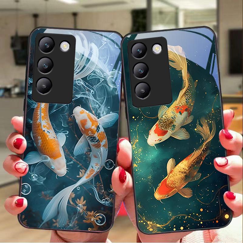 Chinese Wind Fish For Y72 33S 11 03 36 96 Lite 35 16 Iqoo 12 V40 SE 5G 29 40 21 30 X80 Pro Vivo Tempered Glass Phone Case Black