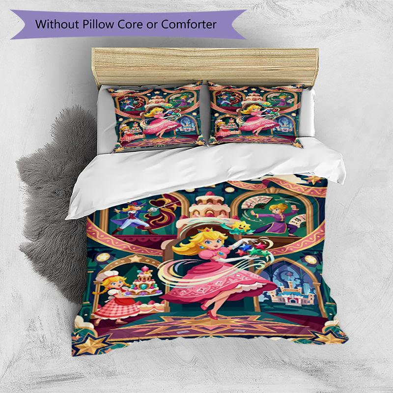 3pcs Duvet Cover Set (1*Duvet Cover + 2*Pillowcase, Without Core), Princess Peach Toadstool Print Bedding Set, Bedroom Decor, All‑Season, Birthday Gif