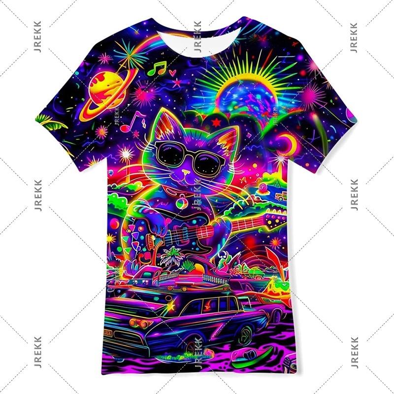 Neon Hip Hop Kat T-shirt Voor Mannen Carnavalsfeest Ronde Hals Korte Mouw T-shirts Hip Hop Straat 2025 Zomer Trend Sterren Ruimte Tee