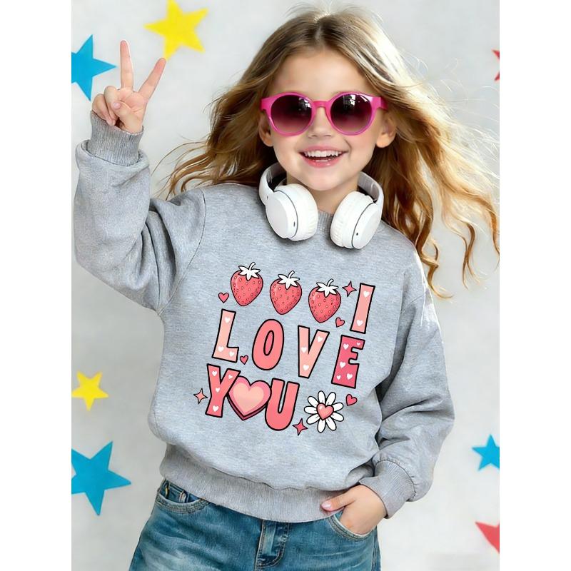 European sizes Cute Printed Pattern 0-3 Years Kids' Spring Lightweight Round Neck Sweatshirt with Strawberry and Heart Design, Comfortable