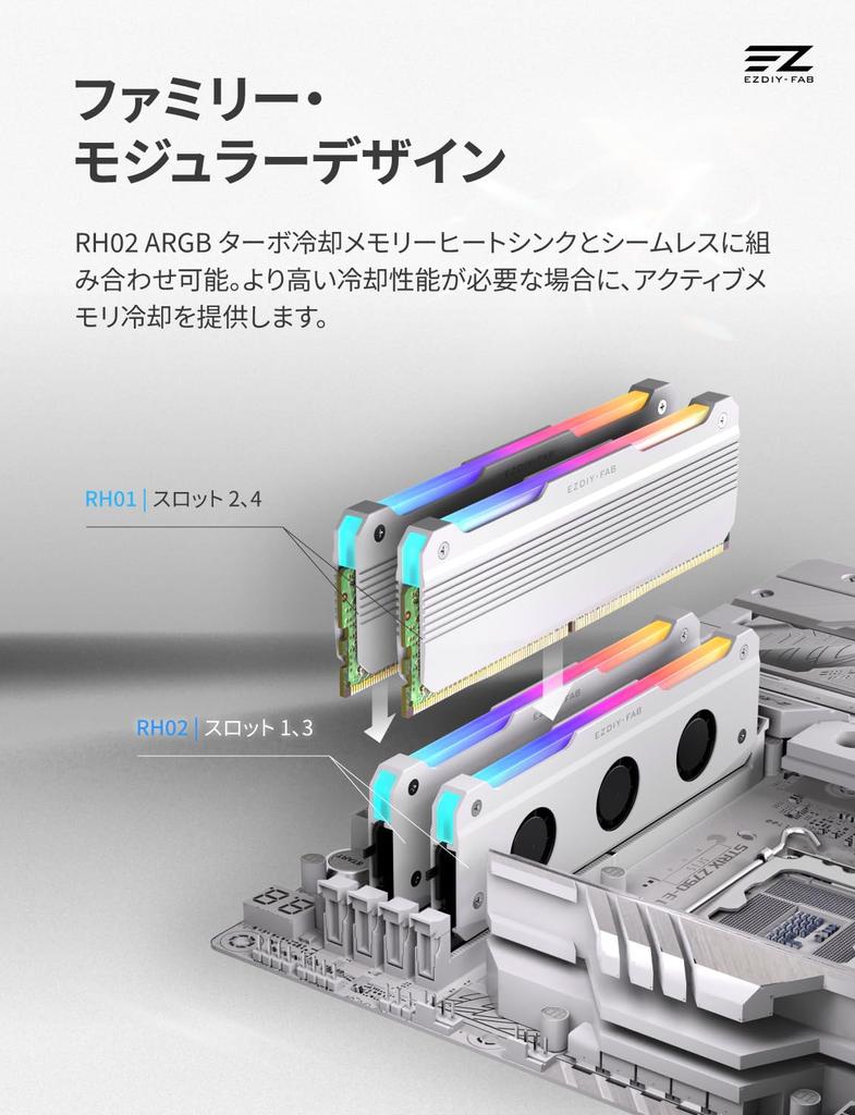 EZDIY-FAB RH01 RAM Memory Heatsink, DDR5/DDR4 Compatible, 5V 3-pin ARGB, Aluminum, RH02 Compatible, 2-Pack - White
