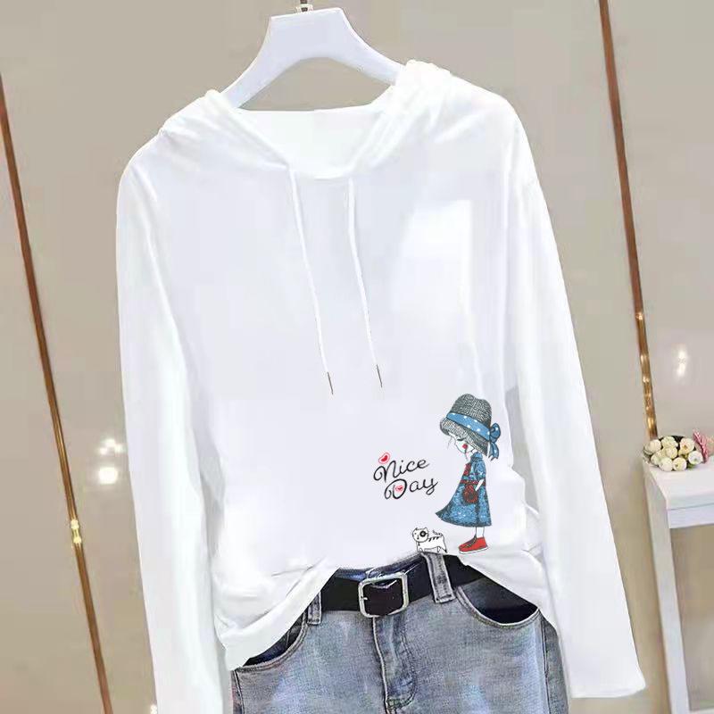 

Женская футболка с капюшоном из чистого хлопка свободного кроя с длинными рукавами - Мода в корейском стиле, осень 2024 L [Recommended 95-110 lbs]