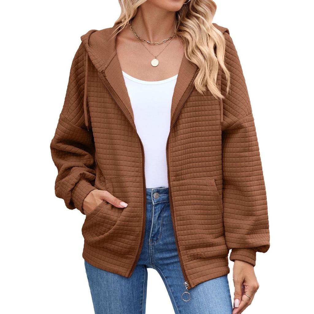 Felpa con cappuccio da donna con tasca, casual, con zip, giacca, tinta unita, manica lunga, autunno inverno, tempo libero, tempo libero, capispalla europeo americano