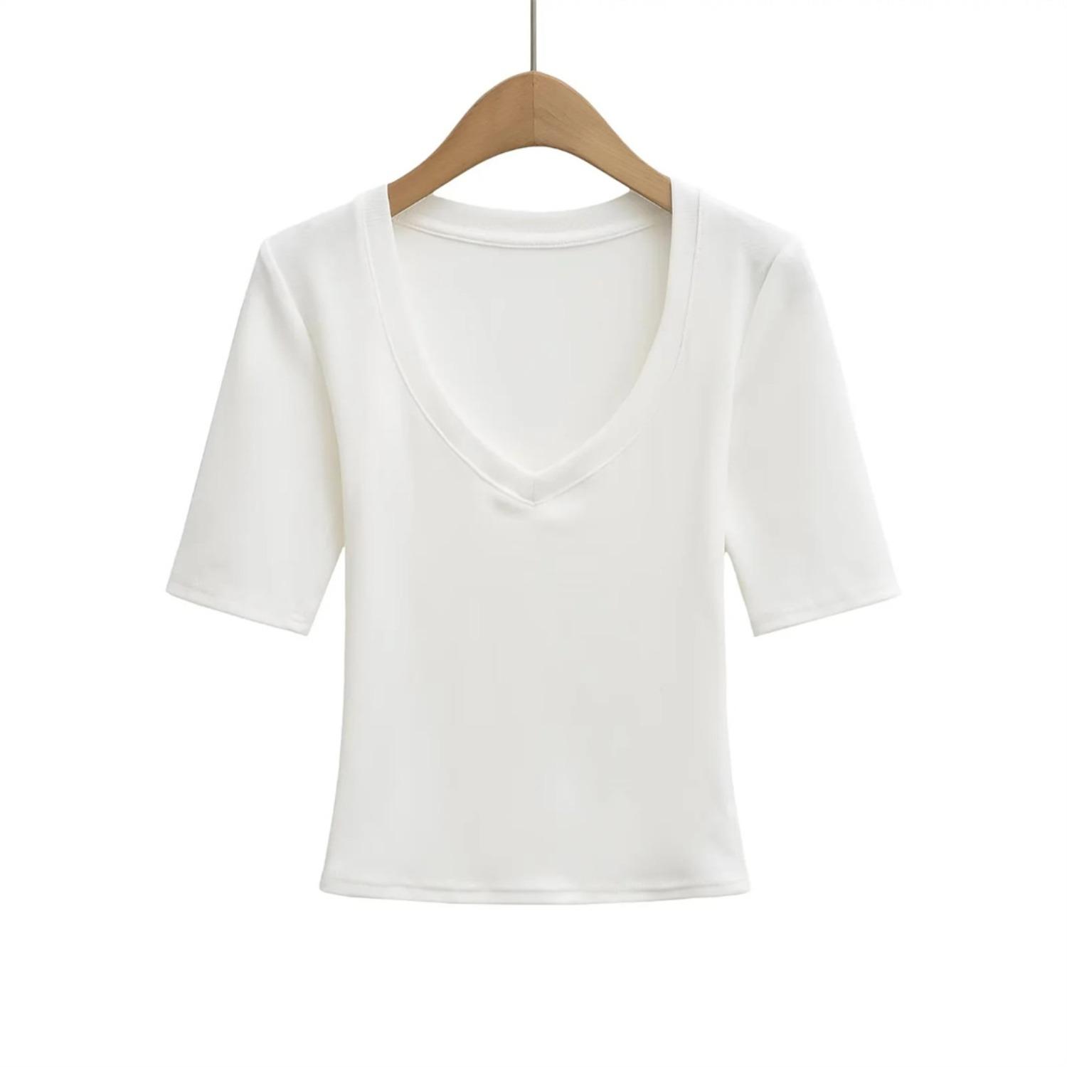 Damen Tiefes V-Ausschnitt 3/4 Ärmel Schlank Passform Oberteil Einfarbig Basic Lässig Sexy T-Shirt Pullover S white
