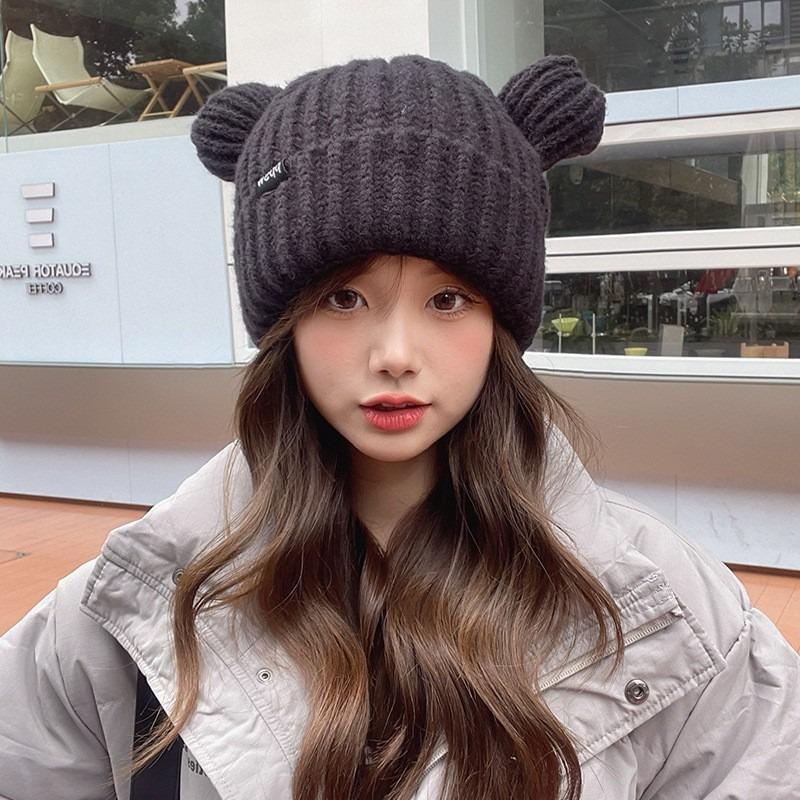 Cartoon cute cat ears knitted hat autumn and winter letter mark velvet warm ear protector head cold hat woman