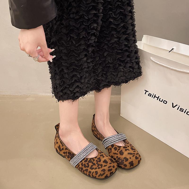 2024 Autumn New Fashion Retro Leopard Print Shallow Mouth Casual Shoes Women's Rhinestone Chain Decorated Low-top Shoes