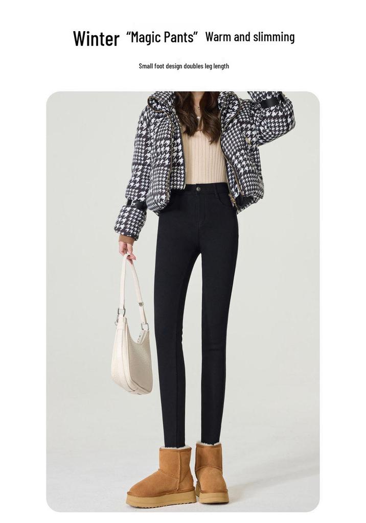 Women's Black Fleece-Lined Thermal Leggings: Warm, High-Waisted, Slim-Fit, Versatile, Thick, Trendy for Autumn/Winter