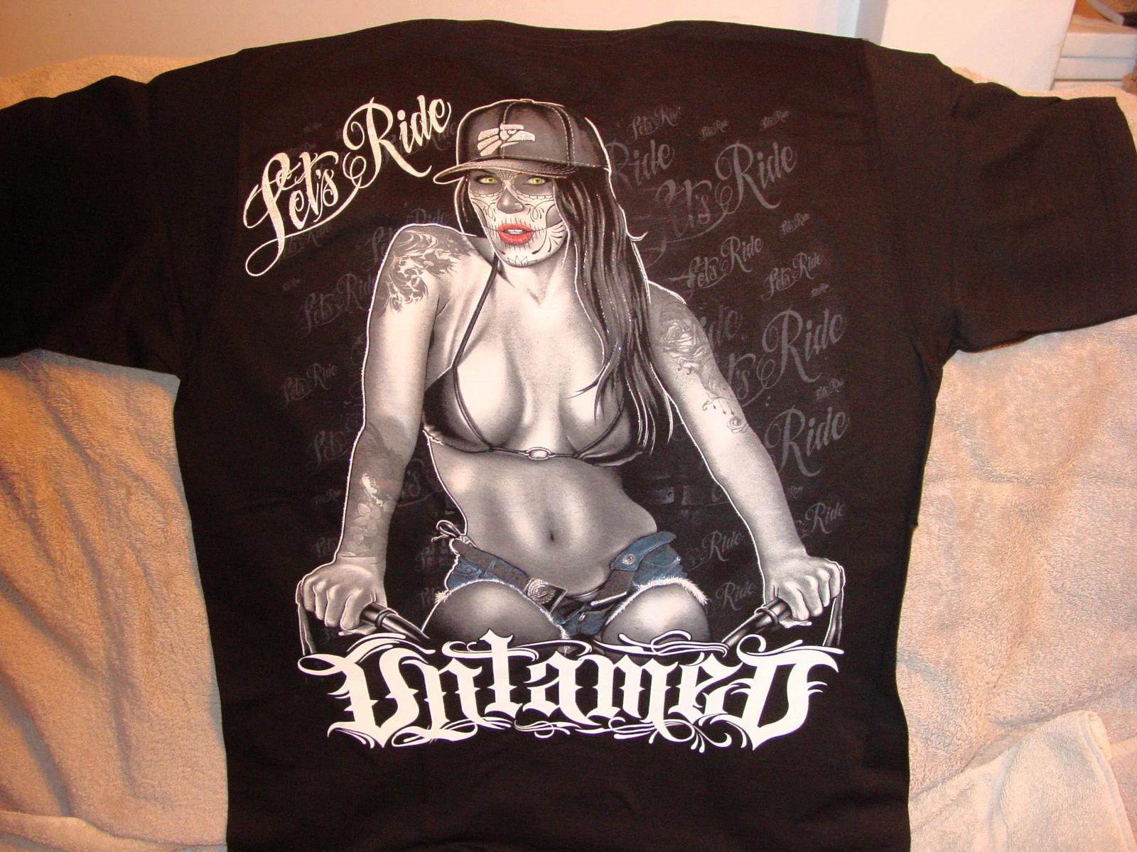 SEXY TATTOOED TATTOO MUERTOS BIKER WOMAN LETS RIDE UNTAMED T-shirt XL