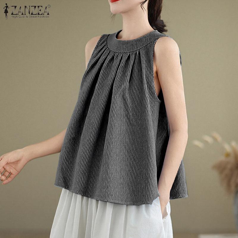 ZANZEA Women Casual Round Neck Summer Sleeveless Stripe Tank Tops
