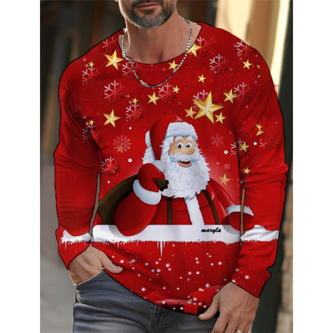 ETST0011 Heren Kerst Sneeuwvlok Print Lange Mouw T-shirt Kerst Cartoon Patroon Sport Casual Schattig Polyester Ronde Hals Lange Mouw 4XL