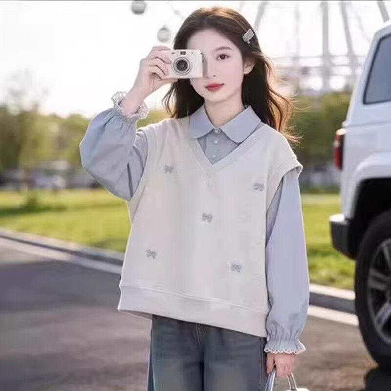 Girls' Faux Two-Piece Hoodie – Stylish Spring/Autumn Shirt Collar Top