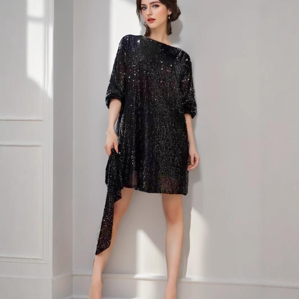 Women's Boat Neck Three Quarter Sleeve Mini Dress Loose Fit Solid Sparkly Sequin Party Club Dress With Waist Tie