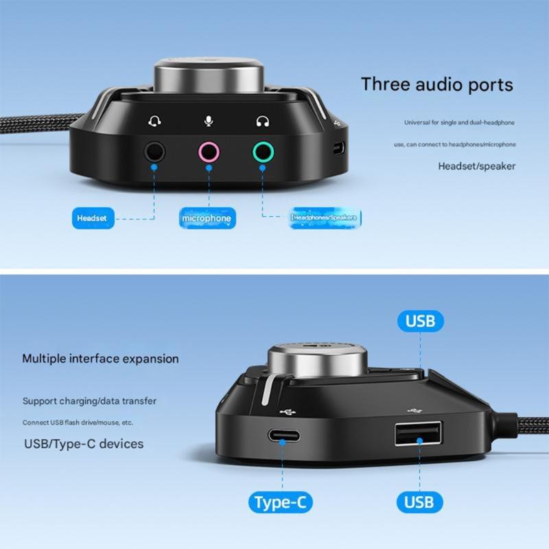 USB Sound Adapter External Sound Card with 3x3.5mm 2xUSB 1xType C Port Suitable for PC Mobile Phone Laptop