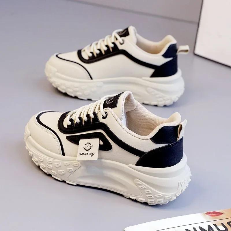 Fashion Black Khaki White Women's Fashion Casual Sneakes Lace Up Platform Hiker Vulcanized Shoes Versatile Increase Tennis Sneakes