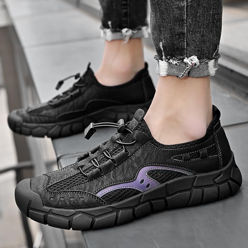 Mode Herren Leder Freizeitschuhe Mesh Atmungsaktiv Urlaub Strandschuhe Rutschfest Stoßdämpfend Wanderschuhe Modischer Herren Sportschuh
