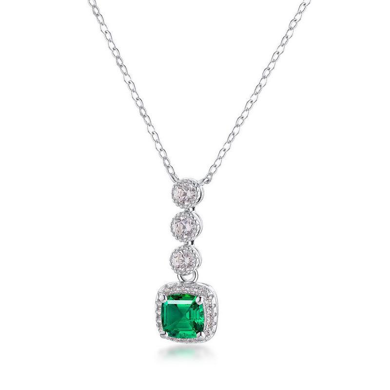 

S925 Silver Necklace with Cultured Emerald Pendant - Vintage Style, Elegant Clavicle Chain 925 Silver