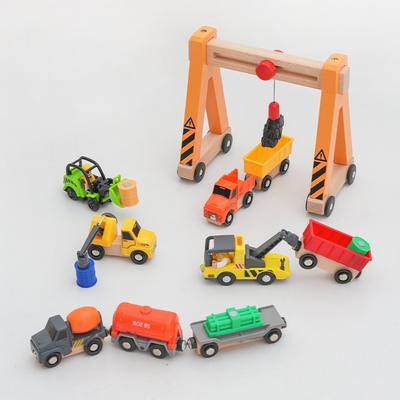 Wooden Train Track Set Magnetic Car Toy Crane Works Rescue Children Assemble Educational Toys For Kids Wooden Rail