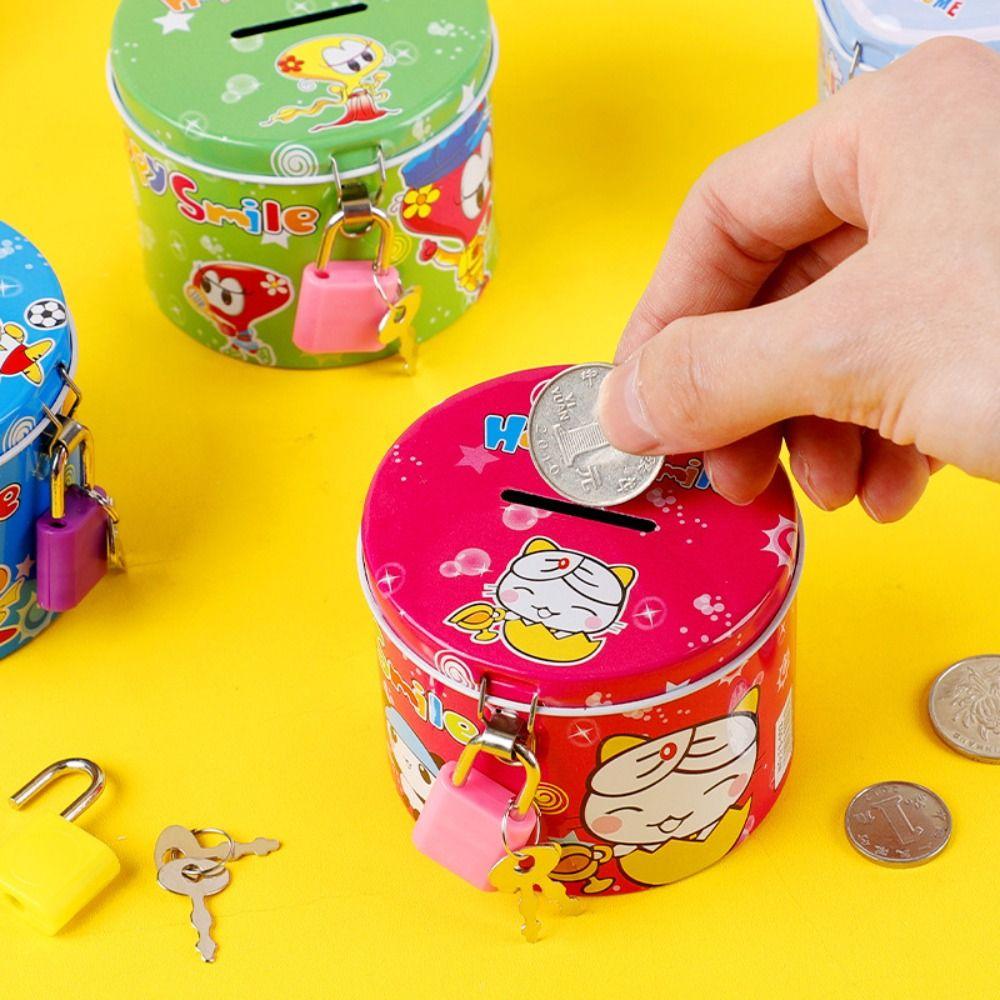 Cartoon Print Design Tinplate Piggy Bank High Capacity Kids Storage Jar Coin Savings Box  Bedroom