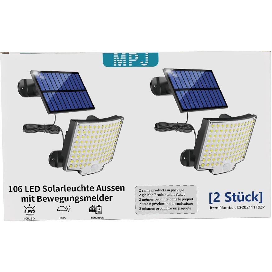 MPJ Solar Light for Outdoor, 106 LED Solar Light Outdoor with Motion Sensor, IP65 Waterproof, 120° Lighting Angle, Solar Wall Light for Garden with