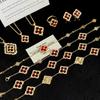 Fruit Jelly Red Hollow Cut-Out Italian Bubu Set With Four-Leaf Clover Necklace Multi-Flower Bracelet Women
