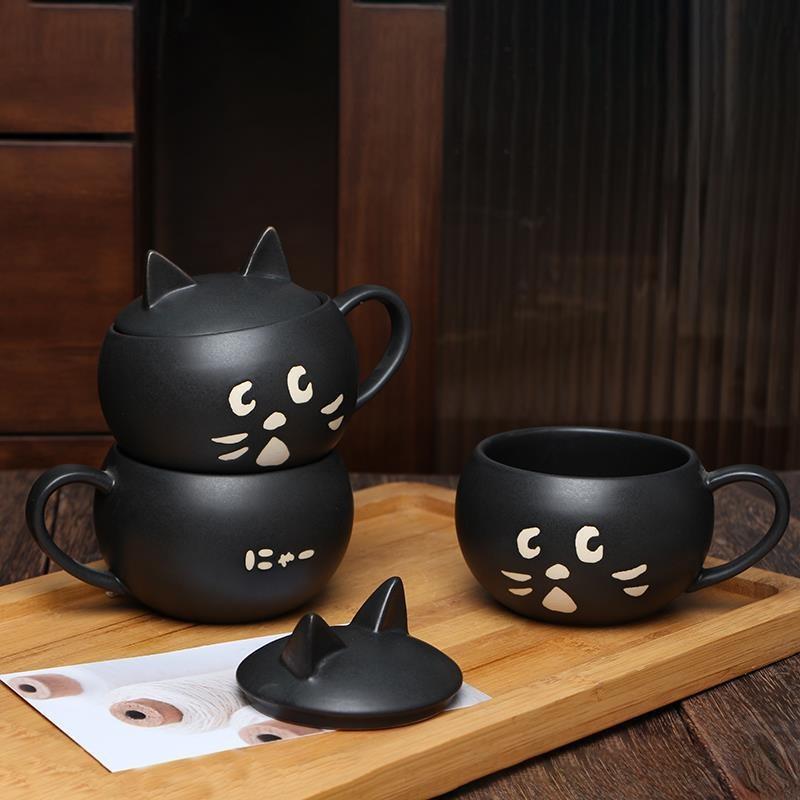 Überraschungskatze schwarz bedeckte Tasse aus Keramik für Zuhause, Paar, Kaffee, Milch, japanisches kreatives Geburtstagsgeschenk