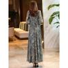 Women's Abstract Leaf Print Maxi V-neck 3/4 Sleeve Belted Waist Elegant Party Dress