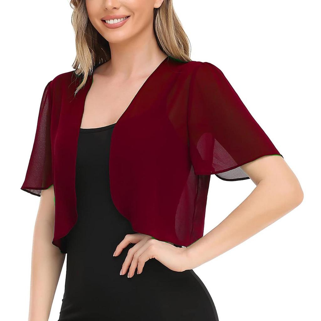 Women's Casual Solid Color Round Neck Chiffon Short Sleeve Cardigan Top Jacket