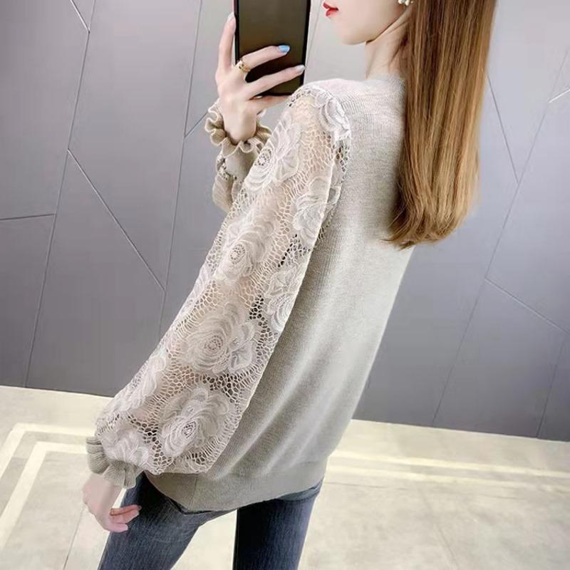 Summer Autumn Hollowed Out Rose Pullover Sweater for Women Long Sleeved Loose Round Neck Casual Knit Sweater for Women Inner Outfit