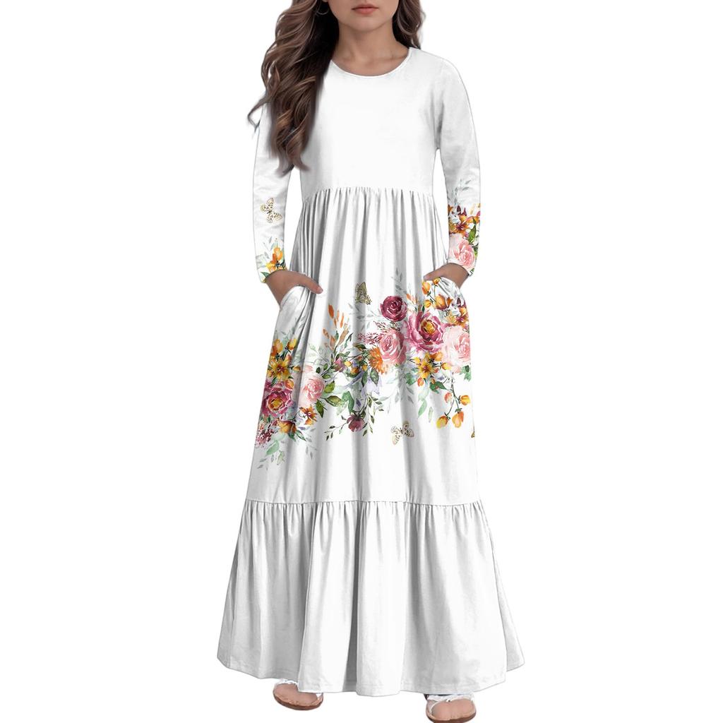Girls' Maxi Dress Casual Holiday Dresses - Long Sleeve Dress With Pockets For 4-14Y