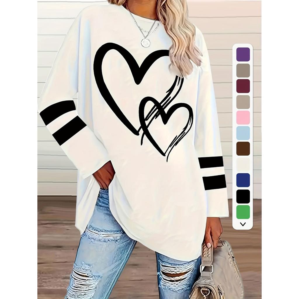 T-shirt da Donna Taglie Forti, Maglia Casual a Girocollo Manica Lunga con Stampa a Cuore, Abbigliamento da Donna Taglie Forti all'Ingrosso
